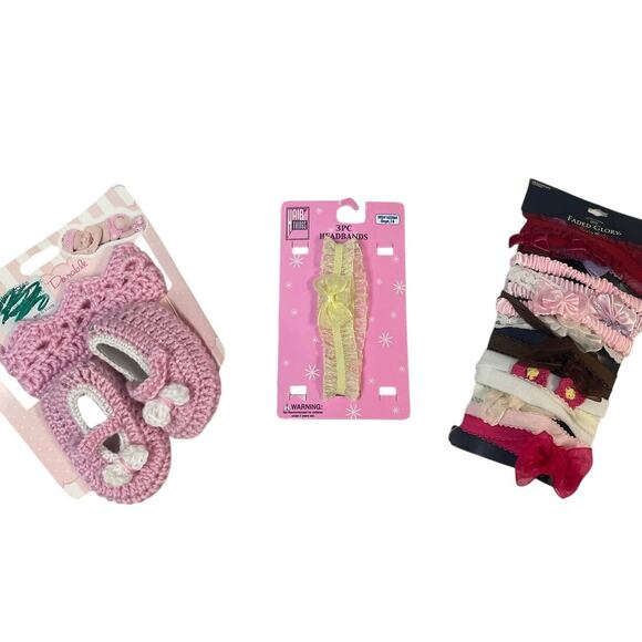 Lot of New Baby Girl Ribbon Lace Elastic Hair Headbands Crochet Booties - Picture 1 of 4